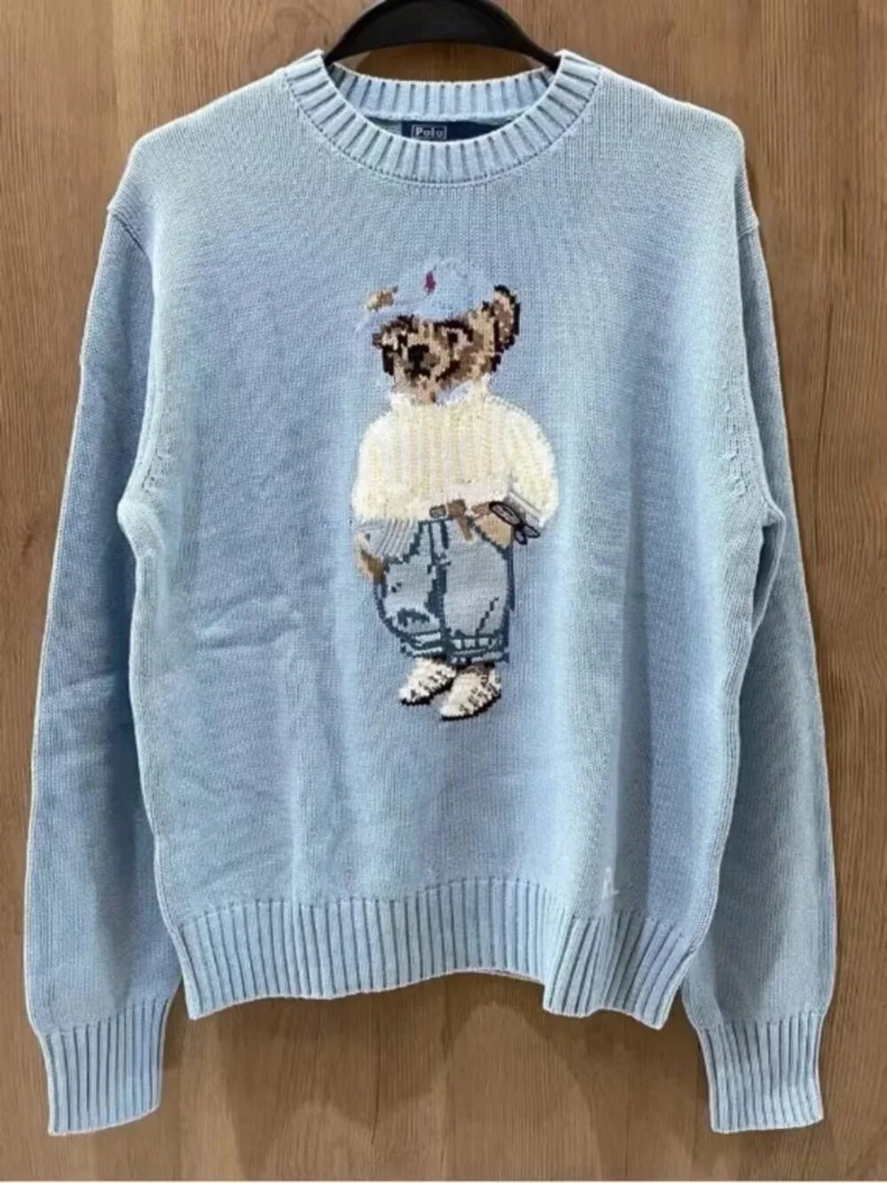 Polo Ralph Lauren Light Blue Bear Intarsia Knit Crewneck Sweater Long Sleeve